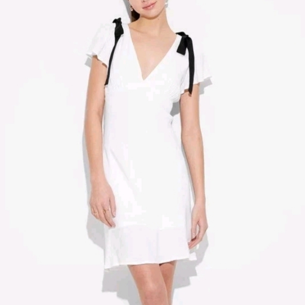 Wild Fable White Flutter Sleeve Mini Dress with Black Velvet Bows Nwt Size Small